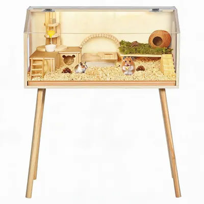 Immagine prodotto di Gabbia per criceti in legno - Gabbia con piedini - 101,6 × 81,3 × 40,6 cm - Sicura per animali - Finestre trasparenti in acrilico - Coperchio apribile - Sistema di ventilazione