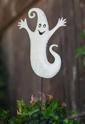 Produktbild von Gartenstecker "Gespenst" aus Metall mit LED Beleuchtung, Halloweendeko, Blumestecker, Gartendeko für Draußen