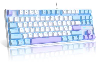 Produktbild von 80% Mechanische Gaming Tastatur mit Blue Switches, 87 Tasten USB Keyboard mit blauer Beleuchtung, kabelgebunden blau-weiß