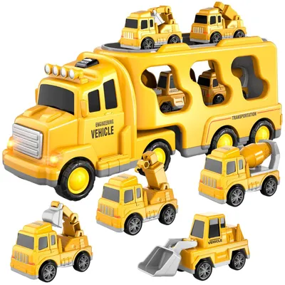 Image de Camion de transport pour enfants de 3 à 6 ans, camion de pompiers 7 en 1, jouet, voiture pour enfants, cadeau d'anniversaire, véhicules, jouet à friction pour garçons et filles de 1, 2, 3, 4, 5 et 6 ans, jaune
