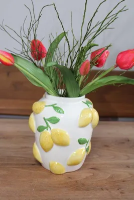 Produktbild von Keramische Vase mit Zitronen-Design, 18,5 cm hoch, Weiß-Gelb