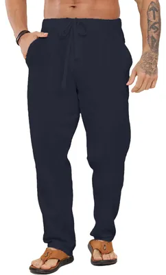Produktbild von Leinen Herrenhose M, lange weite Sommerhose, Kordelzug, Taschen, marineblau, Strandhose