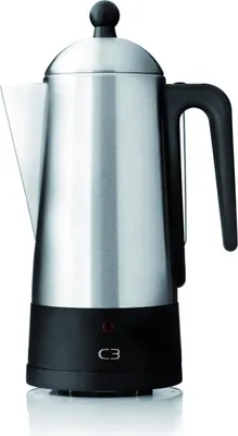 A stainless steel percolator coffee maker with a black base and handle, shown against a white background.