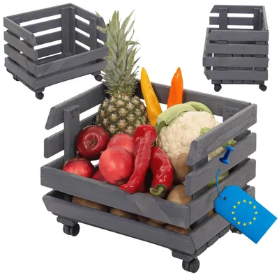 Produktbild von MODO24 Gemüseregal Holz, 1 Holzkiste, Kartoffelsteige, Obstregal, Rollenregal, Stapelbar, Vorratsregal, Massivholz Kiefer, 30x37x30 cm, Grau, RAWA