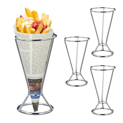 Zdjęcie produktu dla Relaxdays – zestaw 4 uchwytów na torebki z frytkami ze stali nierdzewnej, wys. x gł. 16 x 9,5 cm, stojaki na torebki z frytkami, kolor srebrny
