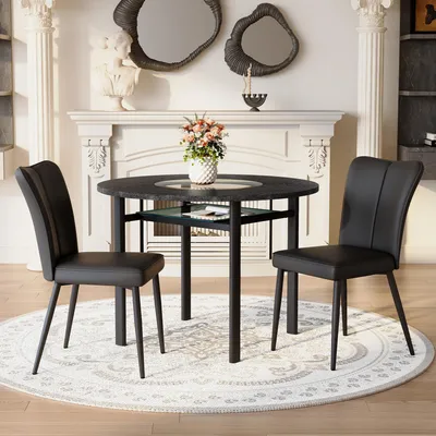 Produktbild von Tisch-Stuhl-Set, runder Esstisch + 2 schwarze PolyurethanStühle, schwarze Metallbeine, minimalistisch