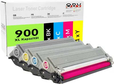 A box of OBV laser toner cartridges with four cartridges in the foreground.