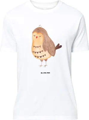 Produktbild von Mr. & Mrs. Panda Größe L T-Shirt Eule Zufrieden - Weiß - Geschenk, Waldtier, Liebe Spruch, Hochzeitstag, Tshirt, Owl, mit, Shirt, glücklich