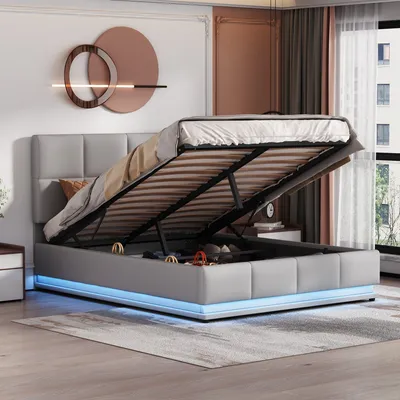 Produktbild von Flieks Čalúnená posteľ s LED diódou, hydraulická posteľ Boxspring 140x200 cm s lamelovým rámom a úložným priestorom, manželská posteľ Drevená posteľ Posteľ pre mládež z umelej kože