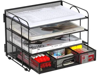 Image de Organisateur de bureau en métal Unyqoos®, avec 4 compartiments dont un tiroir, idéal pour les documents A4 et les magazines, dimensions : 33,5 x 23,5 x 23,5 cm