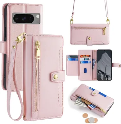 Produktbild von Handykette Google Hülle mit Band Handyhülle Kartenfächer Kunstleder Umhängetasche Pixel 8 Pro Rosa