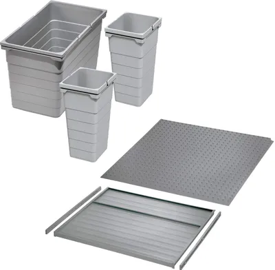 Produktbild von Ninka Abfalltrennsystem eins2vier KB 600 mm, Seitenstärke 16 mm Höhe 330 mm 2x 11,5L, 1x 25L, 1x 60er Bodenplatte, 1x 60er Deckelplatte, 2x Führungsleiste alugrau für Blum Tandembox von SOTECH