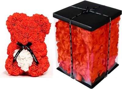 Image de Ours rose 25cm rouge avec coeur blanc+ EMBALLAGE+ FLEURS
