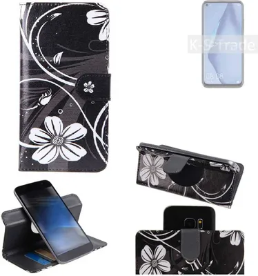 Produktbild von K-S-Trade Schutzhülle Handyhülle kompatibel mit Huawei P40 Lite Hülle 360° Wallet Case ''Flowers'' Klapphülle Hülle schwarz-weiß 1x