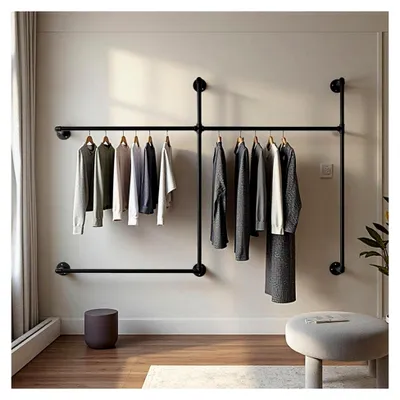Produktbild von Wandmontierte Kleiderstange mit 200 kg Traglast, Begehbarer Kleiderschrank mit 3 Kleiderstangen, 120 cm x 115 cm, Industrieller Kleiderschrank oder Kleiderständer aus schwarzem Metallrohr