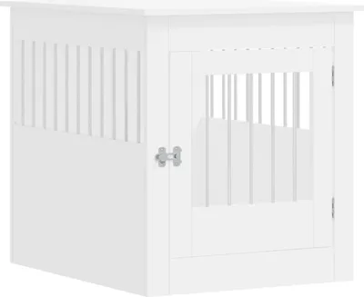A white wooden dog crate with a slatted door and side panels, shown from a three-quarter angle.