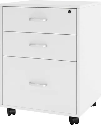 Produktbild von Rollcontainer mit 3 Schubladen, abschließbarer Aktenschrank mit Rollen, Büroschrank für A4 Hängeregister, Schubladenschrank für Büro und Home Office, Weiß