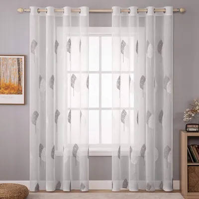 Gardinen mit Blätterstickerei, 2er-Set, 175x140 cm, transparent