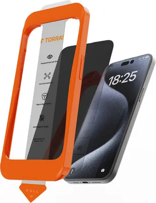 A screen protector kit for a smartphone, including an orange installation frame, a privacy screen protector, and a smartphone.