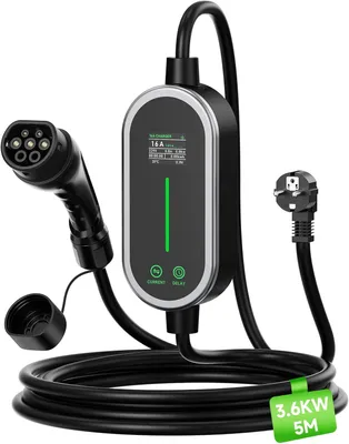 Immagine prodotto di Cavo di ricarica Tipo 2, 3,6 kW, 5 metri, con connettore Tipo 2 e presa Schuko, da 6-16 A, display digitale, caricabatterie portatile per veicoli elettrici, con regolazione della potenza e funzione timer. Caricabatterie per veicoli elettrici
