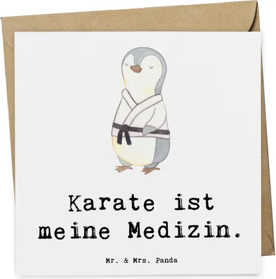 Produktbild von Mr. & Mrs. Panda Klappkarte Pinguin Karate - Weiß - Geschenk, faltkarte, Verein, Glückwunschkarte, Selbstverteidigung, Kampfkunst, doppelkarte, anlasskarte, Grußkarte