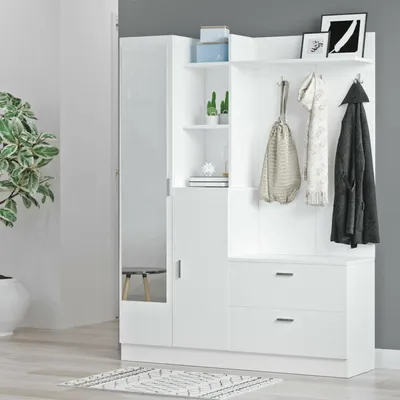 Image de Anumali - Meuble d'Entrée, 140x37x182h cm Blanc, Miroir Inclus