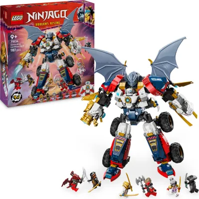 Produktbild von LEGO NINJAGO Zanes Ultra-Kombi-Mech 71834, 4-in-1-Modell (Jet, Auto, Drache, Actionfigur), inkl. 6 Minifiguren, 1.187 Teile, 35 cm, ab 9 Jahren, mit beweglichen Gliedern, Drachenflügeln, Cockpit und 2 Shootern