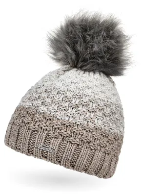 Produktbild von Damen Strick-Mütze gefüttert Fleece-Innenfutter Fell-Bommel Kunstfell Winter-Mütze Bommelmütze Grobstrick mehrfarbig Neverless® dunkelbeige-hellbeige