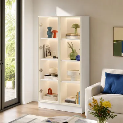 Produktbild von Vitrine mit Goldrahmen 80x160cm, Weiße Vitrine mit 3-Farben-LED für Schlafzimmer, Push-to-Open Ankleidezimmer Vitrine