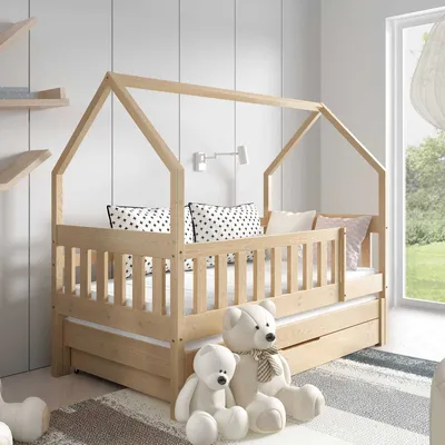 Produktbild von Kinderbett mit Matratze und Schublade 160 x 80 cm Kinderbett mit Unterbett Doppelbett Kiefer NINA