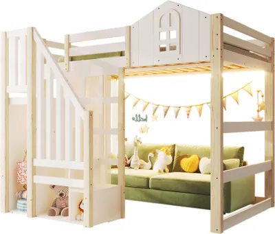 Produktbild von Merax Etagenbett Hochbett 140x200 cm, Kinderbett, Schloss-Design mit LED, Gaze, Geländer, Lagertreppe, Jugendbett, Stockbett, Kiefern, Weiß+Natur