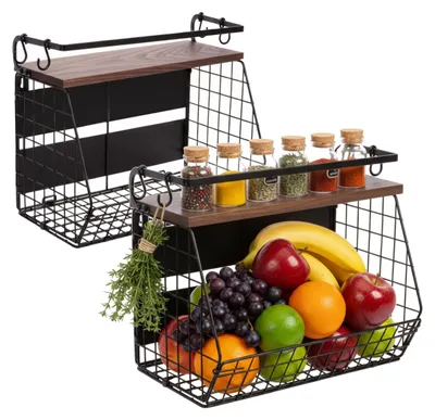 Image de Étagère de cuisine avec 2 paniers métalliques pour fruits et 4 crochets