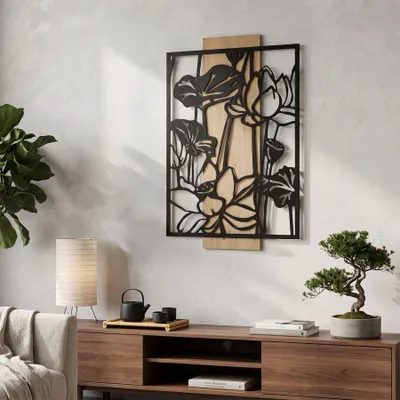 Immagine prodotto di Pannello decorativo Lotus in metallo e MDF, dimensioni 60x2x90 cm, colore nero, marrone, design Mauro Ferretti