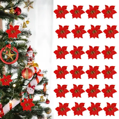 Image de Poinsettia de Noël en plastique, rouge brillant, 13 cm, lot de 24, pour la décoration