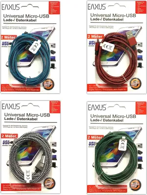 Produktbild von 4er Set Micro USB Kabel 2m Nylon Ladekabel Datenkabel Sync Handy Tablet | Universal USB-Ladegerät Transferkabel | Lade Kabel Blau Grün Rot Silber