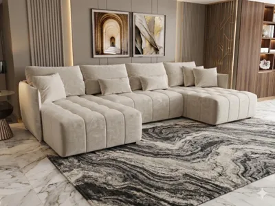Image de Canapé d’angle CHICAGO U beige velours Monolith 2 - fonction couchage, coffre de rangement pour la literie