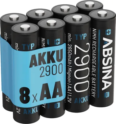 Produktbild von ABSINA NiMH AA Akkus, 8 Stück, 1.2V, min. 2650mAh, für Geräte mit hohem Strombedarf wie Controller, Blitzgeräte, Kameras, DECT Telefone, Taschenlampen uvm., bis zu 1500 Mal wiederaufladbar, kein Memory-Effekt
