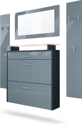 Produktbild von Vladon Garderobe Malea, Garderobenset bestehend aus 1 Hängeschuhschrank, 1 Wandspiegel und 2 Garderobenpaneele, Anthrazit matt/Grau Hochglanz, inkl. LED-Beleuchtung RGB