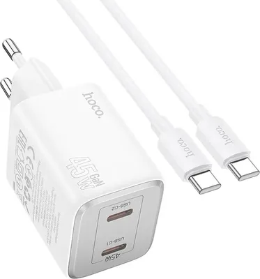 A white Hoco GaN 45W charger with two USB-C ports and a white USB-C cable.