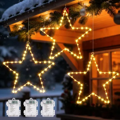Immagine prodotto di Raamlicht, confezione da 3, 135 LED, decorazione natalizia a forma di stella, luci a tenda, alimentazione a batteria