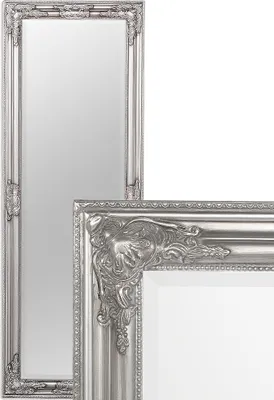 Two ornate silver baroque mirrors are shown against a white background. One is a full-length mirror, and the other is a close-up of a corner of a mirror.