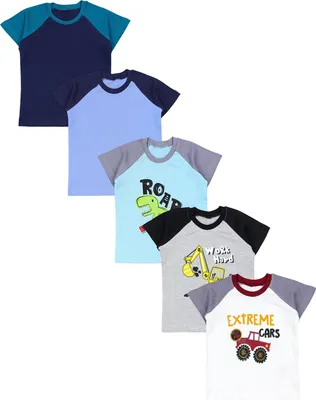 Produktbild von TupTam Baby Jungen Kurzarm T-Shirt mit Aufdruck Unifarben Sterne Streifen 5er Set, Farbe: Bagger Monster Tuck Dino Grau Blau Grün, Größe: 80