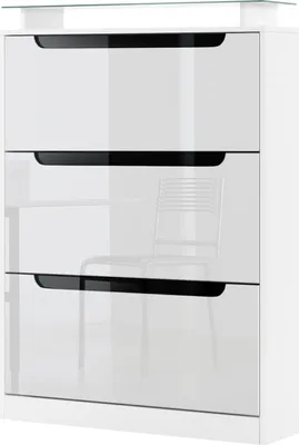 Produktbild von Vladon Schuhschrank Space, Germany, Schuhkipper für 24 Paar Schuhe mit 3 Klappen und Glasablage, Weiß matt/Weiß Hochglanz mit Absetzungen in Schwarz Hochglanz (89 x 128 x 23 cm)