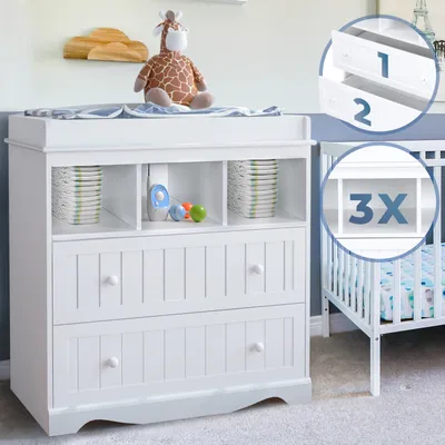 Produktbild von Infantastic® Wickelkommode - inkl. 2 großen Schubladen und 3 Fächer, 93,5x50x88 cm, Weiß - Wickelschrank, Wickeltisch Aufsatz, Wickelaufsatz, Baby Möbel Kommode, Wickelregal