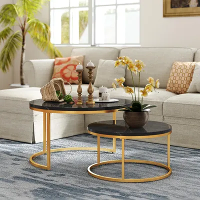 Produktbild von okwish Couchtisch 2er-Set, MDF Satztisch Beistelltisch für Schlafzimmer Balkon, Satztische fürs Wohnzimmer, Wohnzimmertisch,  Schwarz+Gold