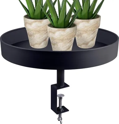 A black tray with three potted plants attached to a clamp stand, isolated on a white background.