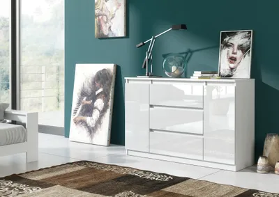 Produktbild von Kommode mit 3 Schubladen 120cm Sideboard Wohnzimmer Schlafzimmer Möbel Highboard Mehrzweckschrank Schrank | Hochglanz Weiß