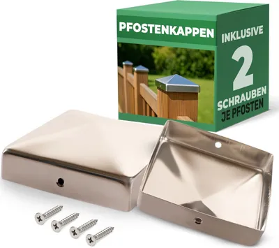Produktbild von Novatool 2x Edelstahl Pfostenkappen 71x71mm mit Schrauben, Pfostenabdeckung Pfostenkappe 7,1cm Holzpfosten Zaunpfosten Zaun Abdeckung Abdeckkappen Abdeckkappe Zaunkappe Zaunkappen Pfostenschuhe