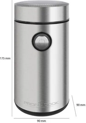 A studio shot of a silver electric coffee grinder with dimensions indicated.