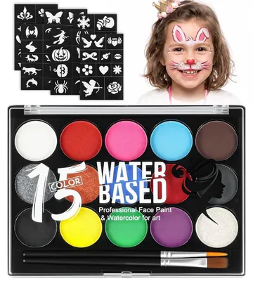 Produktbild von Gesichtsfarbe Set 15 Farben waschbar mit Pinseln & Schablonen